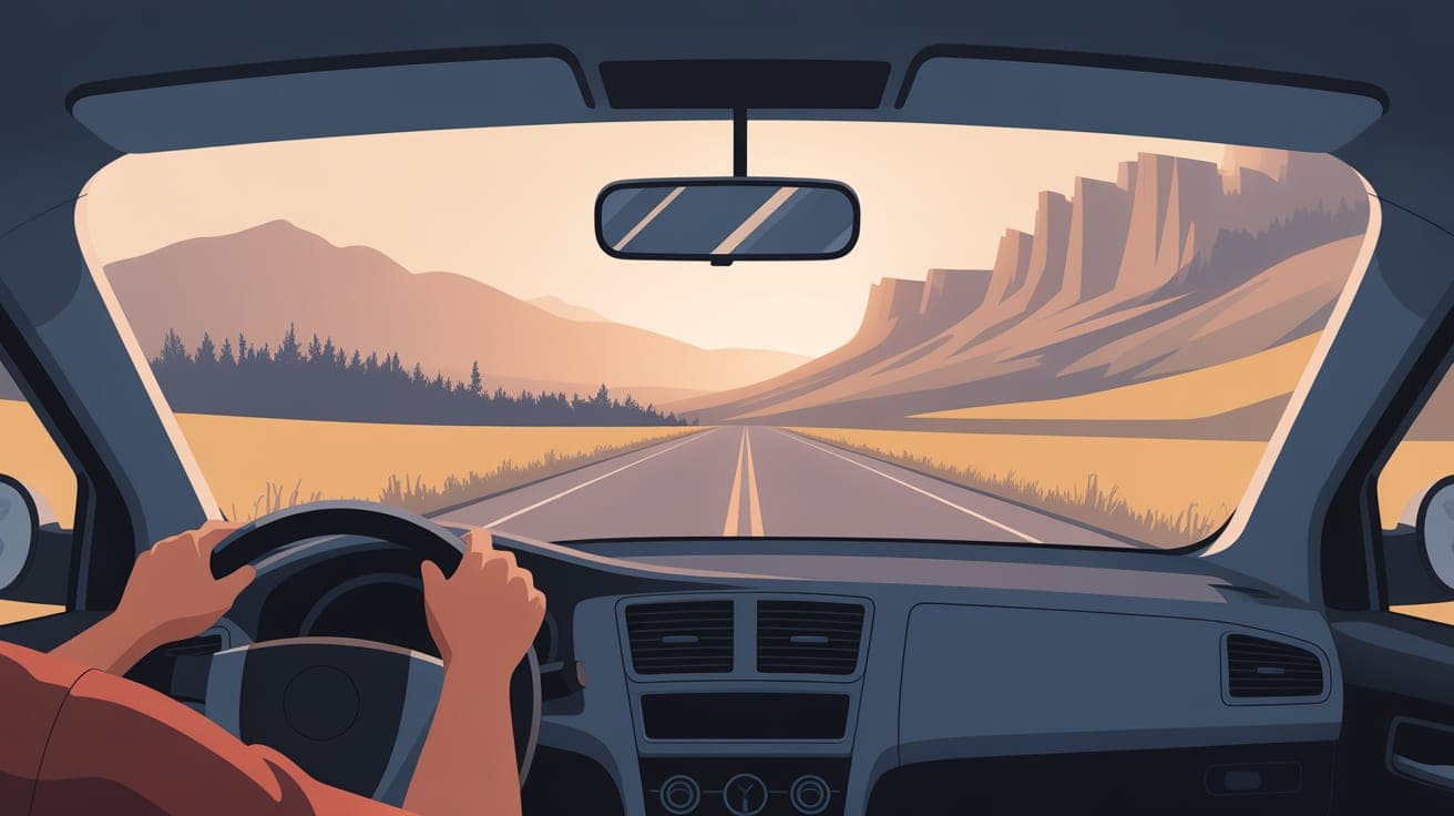 A driver's-eye view from inside a car, looking forward through the windshield at a scenic Colorado Front Range mountain road. The driver's hands are relaxed on the steering wheel, conveying a sense of